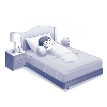 A child is sleeping peacefully on a cozy bed. The child has tousled hair and is nestled under a soft blanket. The room is softly lit, creating a calming atmosphere. There is a gentle light that seems to softly illuminate the child, creating a subtle aura around them. A plush toy rests beside them, and a nightstand holds a small lamp casting a warm glow. The scene conveys a sense of tranquility and comfort.