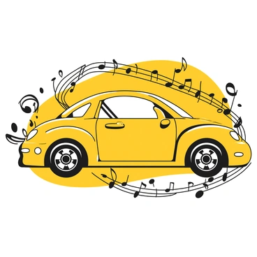 An outline of a car is prominently featured, with sleek curves and defined edges. The outline is intricately interwoven with black musical notes and symbols, creating a dynamic pattern that flows around the car. The musical elements include treble clefs, quarter notes, and eighth notes, seamlessly blending into the contours of the vehicle. The background is left simple, allowing the detailed outline and musical motifs to stand out vividly.