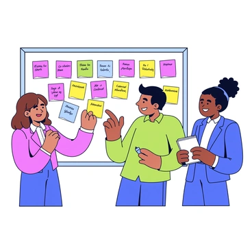 A group of three young professionals is gathered in a bright, modern office space. They are standing in front of a wall covered in colorful sticky notes. The sticky notes are in vibrant shades of pink, yellow, green, and blue, each filled with handwritten ideas. One professional, a woman with shoulder-length brown hair, is reaching up to attach a sticky note to the wall. A man with short black hair is pointing at a note, smiling and engaging with his colleagues. The third professional, a woman with curly hair tied back, is writing down notes on a notepad. The atmosphere is dynamic and collaborative, focused on creativity and brainstorming.