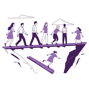 A bridge made of wooden planks extends across a narrow chasm. Men are confidently walking across the bridge, their steps steady and sure, while a few women are preparing to leap over small gaps in the planks, showcasing determination on their faces. The scene captures the contrast between the ease of the men's crossing and the challenge faced by the women. The background features a clear sky, enhancing the focus on the bridge and its crossers.