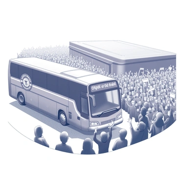 A team bus is approaching the iconic stadium of "Old Trafford." The bus is sleek and modern, showcasing the team's logo prominently on its side. Surrounding the bus, a crowd of fans is gathered, all of them animated and enthusiastic. Many fans are holding up scarves and banners, some have their arms raised in excitement, while others are cheering and waving. The fans are dressed in team colors, creating a vibrant scene of support. The atmosphere is filled with energy as the team bus makes its way through the sea of supporters.