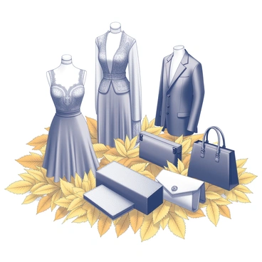 A display of a high-fashion collection featuring garments and accessories arranged meticulously on a bed of golden leaves. The collection includes elegant dresses, tailored jackets, and chic handbags. Each item showcases intricate detailing, such as lace accents and decorative buttons. The golden leaves provide a rich, textured background, contrasting beautifully with the luxurious pieces. The scene is well-composed, emphasizing the elegance of the fashion items while highlighting the autumnal theme created by the golden leaves.