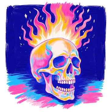 A skull is centered in the image, detailed with intricate carvings and textures. Flames are emanating from the top of the skull, dancing upward with vibrant colors of orange, red, and yellow. The flames flicker and curl around the skull, creating a dynamic contrast. The background is dark to highlight the brightness of the flames and the contours of the skull. Shadows add depth to the overall composition.