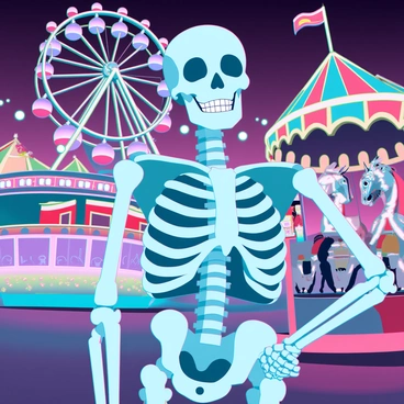 A skeleton enjoying a carnival with colorful rides and bright lights.