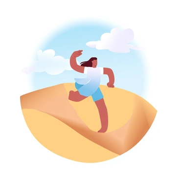 A girl is dancing atop a vast sand dune. She is wearing flowing garments that ripple in the breeze. The fabric of her outfit appears lightweight and colorful, creating a vibrant contrast against the golden sand. The sun casts shadows on the dune, highlighting the curves of the landscape. In the background, a clear blue sky stretches endlessly, enhancing the sense of openness and freedom around her. 