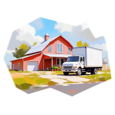 A moving truck is parked in front of an old farmhouse with weathered wooden siding and a sloped roof. The farmhouse features a front porch with a swing and potted plants. In the background, there is a red barn with a large door, showing signs of age and wear. Surrounding the farmhouse are green fields and a few scattered trees, adding to the rural landscape. The sky above is clear with a few fluffy clouds.