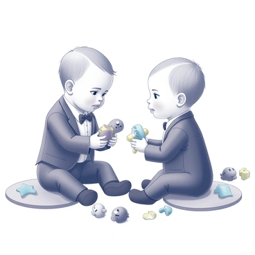 A baby wearing a formal suit sits on the floor, their tiny hands resting on a colorful toy. The baby has an expressive face, with focused eyes and a slight frown, indicating deep concentration. In front of them, another baby, also sitting on the floor, holds a different toy, their expression curious and attentive. The two babies are positioned closely together, creating an engaging scene of negotiation. The floor is covered with soft play mats, and scattered around are various toys and plush animals. The setting suggests a playful yet serious atmosphere as the babies engage in their trade.