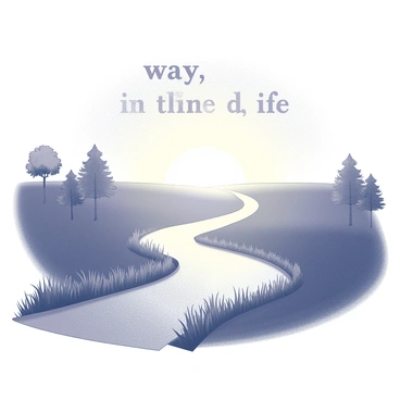 A winding pathway stretches across the scene, leading towards a horizon that glows with a bright light. The pathway is bordered by tall grass and sparse trees, creating a natural frame. In the distance, the horizon is filled with radiant illumination. The words "way, truth, life" are prominently displayed in a bold font, glowing softly above the pathway, suggesting a sense of guidance and purpose. The overall composition conveys a feeling of journey and enlightenment.