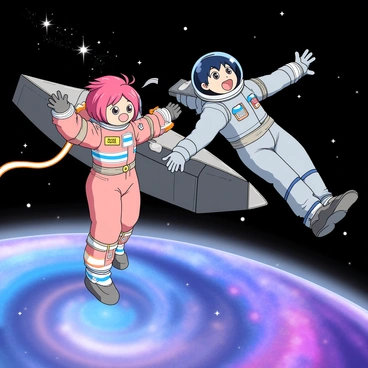 Two anime characters, a young woman with bright pink hair and large expressive eyes, and a young man with dark blue hair and a confident smile, are floating in space outside a sleek silver spaceship. They are both wearing futuristic space suits that are tightly fitted and adorned with colorful patches and glowing elements. The woman's suit has flowing ribbons trailing behind her, while the man's suit features a distinctive helmet with a clear visor. They are gazing excitedly at a cluster of distant stars sparkling in the vast blackness of space. The spaceship has large solar panels extending from its sides, reflecting light from the nearby stars. Below them, a colorful nebula swirls with shades of blue and purple, adding a vibrant backdrop to the scene.