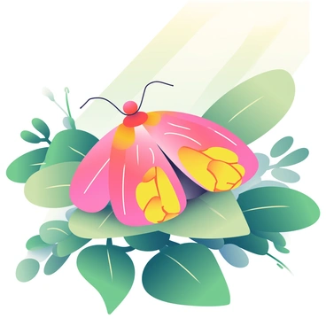 An insect with vibrant colors is camouflaged perfectly to resemble a flower petal. Its body is shaped like a flat petal and displays shades of pink and yellow with intricate patterns mimicking the veins of a real petal. The insect is perched delicately on a green leaf, surrounded by lush foliage. Tiny antennae extend from its head, blending seamlessly with the surrounding environment. Sunlight filters through the leaves, casting soft shadows on the insect and enhancing its floral disguise.