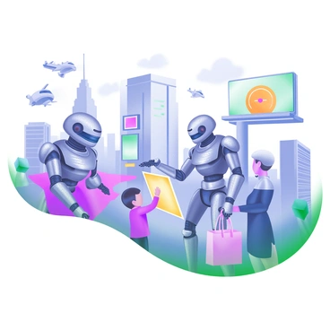 A futuristic scene with sharp illustrations of robots interacting with humans in a vibrant city.