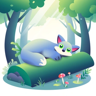 A mystical fox with shimmering fur in shades of silver and blue is resting on a mossy log in a dense forest. Its eyes are glowing brightly in an ethereal green hue, casting a soft light around it. The log is covered in vibrant green moss, and small mushrooms are scattered around its base. Surrounding the fox are tall trees with thick trunks and lush green foliage, creating a canopy overhead. Gentle rays of light filter through the leaves, illuminating the scene with a magical ambiance. Small ferns grow around the log, adding to the enchanting forest atmosphere.
