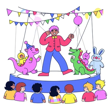 A puppeteer standing on a small stage, wearing a bright red shirt and a colorful bow tie. The puppeteer is skillfully manipulating a vibrant puppet that resembles a friendly dragon. Around the stage, there are various other puppets, including a cheerful clown and a playful rabbit, all designed with exaggerated features and bright colors. In front of the stage, a group of excited children, some sitting and some standing, are watching intently. The theater setting is filled with colorful decorations, including streamers and balloons hanging from the ceiling, creating a festive atmosphere.