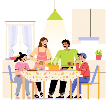 A cozy kitchen featuring a wooden table with a colorful tablecloth. The table is set with various dishes including rice, vegetables, and a steaming pot. A family of four is gathered around the table, each with distinct anime-style features. A mother with long brown hair and a warm smile serves food, while a father with spiky black hair laughs. Two children, a girl with pigtails and a boy with a baseball cap, are animatedly discussing something, their expressions full of joy. The kitchen has light-colored cabinets, a window with curtains, and a small potted plant on the sill. A warm glow from a ceiling light casts a friendly atmosphere throughout the scene.