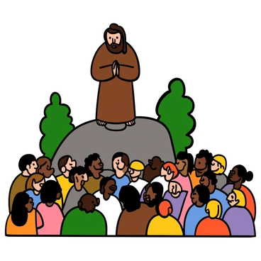 A man with light skin, brown hair, and a beard is standing on a large rock. He is wearing a simple brown robe and has a serious expression on his face as he speaks. In the foreground, a large crowd is gathered, with various individuals of different ethnicities and ages, all looking up at him with attentive expressions. Some people are sitting on the ground, while others are standing, creating a vibrant and engaged atmosphere. The background includes a clear blue sky and a few sparse trees to enhance the scene.