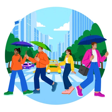 A busy city street on a rainy day, where people are walking with colorful umbrellas. The scene shows individuals in various styles of clothing, some wearing waterproof jackets and others in casual attire. The ground is wet, creating reflections of the umbrellas and building lights. Raindrops are visible, splashing gently on the pavement. In the background, tall buildings rise up, their windows glistening from the rain. Traffic can be seen with vehicles moving slowly, splashing through puddles. The atmosphere feels lively and dynamic.