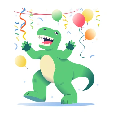 A T-Rex with green scales is dancing energetically at a lively party. The dinosaur has a wide grin on its face, and its tiny arms are raised in the air. Surrounding the T-Rex are colorful balloons in various shades of red, yellow, blue, and green, floating above the scene. Bright streamers in vibrant colors hang from the ceiling, cascading down towards the floor. The dance floor is illuminated with swirling lights, enhancing the festive atmosphere of the party.