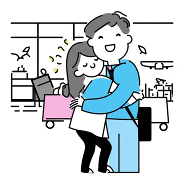 A girl with long brown hair is hugging a man at the airport. The girl has joyful tears in her eyes, expressing happiness. The man is wearing a blue jacket and has a big smile on his face as he embraces her. They are surrounded by airport elements, such as luggage carts and large glass windows showing airplanes in the background.
