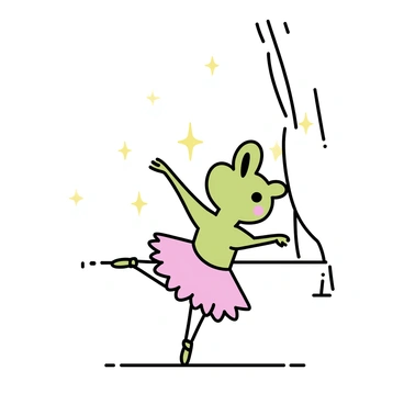 A green grenouille wearing a pink tutu is dancing on a wooden stage. The grenouille is positioned on its hind legs, with its front legs elegantly raised in a ballet pose. Bright stage lights illuminate the scene, casting soft shadows around the grenouille. The background features a simple curtain that is slightly drawn back, hinting at an audience watching in anticipation. The overall composition captures the beauty and grace of the ballet performance.