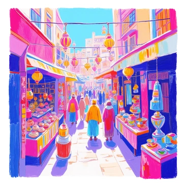 A bustling bazaar is filled with a variety of vibrant textiles, showcasing an array of colors and patterns. Colorful lanterns hang overhead, casting warm light across the scene. Stalls display unique handicrafts, including intricately designed pottery and handmade jewelry. People are walking through the bazaar, some stopping to examine the goods, while others are engaged in conversation. The atmosphere is lively and inviting, with a sense of cultural richness present in every corner.