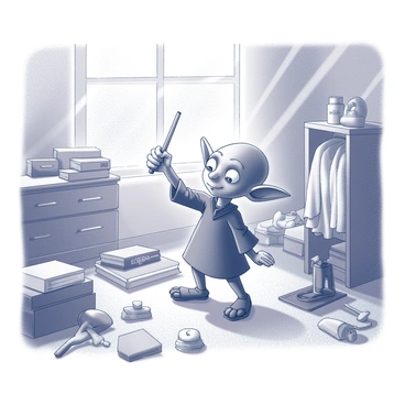A small house-elf named "Dobby" is actively cleaning a cluttered room. He is holding a wand in one hand, and with a focused expression, he is using it to make visible dust bunnies vanish. The room is filled with various objects scattered around, including clothes, books, and toys. Dobby's other hand is reaching for a dustpan, suggesting he is meticulously tidying up the space. The walls of the room show signs of wear, and there are rays of light highlighting the dust being cleared away.