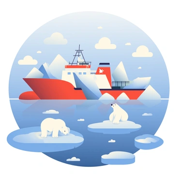 An icebreaker ship with a red and white hull is navigating through icy waters. The ship is cutting through thick ice, with large chunks breaking apart as it moves. In the foreground, a few polar bears are resting on a large piece of floating ice. One polar bear is standing, looking towards the ship, while another is lying down, partially covered in snow. The icy water reflects the blue sky above, scattered with fluffy white clouds. Surrounding the scene, smaller icebergs are dotting the water, creating a stark contrast against the deep blue of the ocean.