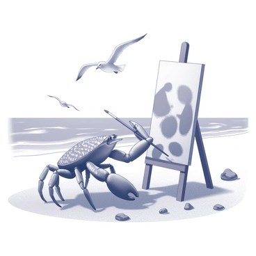A crab with a textured shell is holding a paintbrush in its claw. It is positioned on a sandy beach, with its body slightly elevated. The canvas is placed on an easel, showing various shapes and patterns that resemble an abstract piece of art. The crab is focused on applying paint to the canvas, with gentle waves lapping in the background and seagulls flying overhead. The beach scene includes small rocks and pieces of driftwood scattered across the sand.