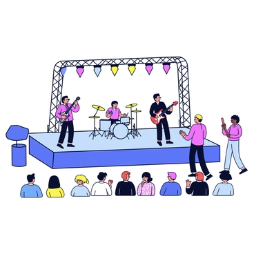 A live music stage set up at the fair with a large rectangular platform. The stage is decorated with colorful banners and lights. A band consisting of four musicians is actively playing music. The lead singer stands at the front with a microphone, wearing a bright red shirt. One guitarist is positioned to the side, dressed in a black outfit, while the drummer is seated at the back with a shiny silver drum kit. A crowd of fair attendees is gathered in front of the stage, enjoying the performance.