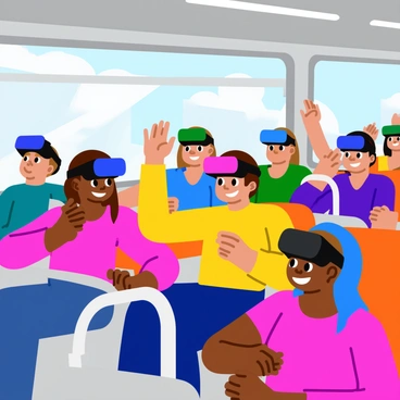 A bus interior filled with passengers wearing VR headsets. Each passenger appears focused and engaged, with expressions of awe and excitement on their faces. The bus seats are bright and colorful, enhancing the lively atmosphere. A few passengers have their arms raised, as if interacting with the digital world around them. The window displays a blurred city landscape, contrasting with the vivid colors emanating from the VR headsets. Soft blue and purple lights from the headsets illuminate the faces of the passengers, adding a futuristic touch to the scene.