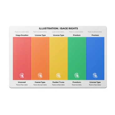 A colorful chart displaying various pricing tiers for illustration usage rights. The chart consists of multiple rows and columns, with each pricing tier represented in a distinct color. Each column is labeled with the name of the pricing tier, such as "Basic," "Standard," and "Premium." The rows detail different features included in each tier, such as "Usage Duration," "License Type," and "Number of Illustrations." Clear icons accompany each feature for visual representation. The overall design is vibrant and easy to read, making comparisons straightforward.