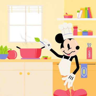 Mickey Mouse wearing a chef's hat while preparing a meal in a cheerful kitchen.