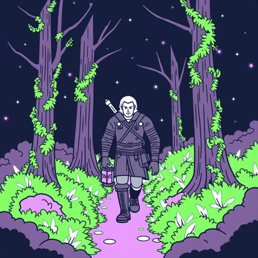 An enchanted forest glowing with bioluminescent plants, with a witcher cautiously exploring the path