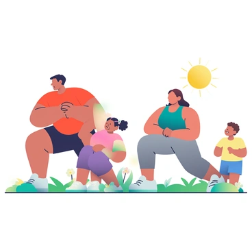 A family of four is in their backyard, performing reverse lunges together. The father, who has short black hair, is wearing a red T-shirt and black shorts, focusing intently on his posture. The mother, with shoulder-length brown hair, is wearing a teal tank top and grey leggings, smiling as she engages in the exercise. A young girl with curly hair tied in two pigtails is wearing a pink shirt and purple leggings, giggling as she follows along. Beside her is a young boy wearing a yellow T-shirt and blue shorts, mimicking his family's movements. The grass in the backyard is lush and green, and there are a few colorful flowers blooming nearby. The sun is shining brightly, creating a warm and inviting atmosphere.