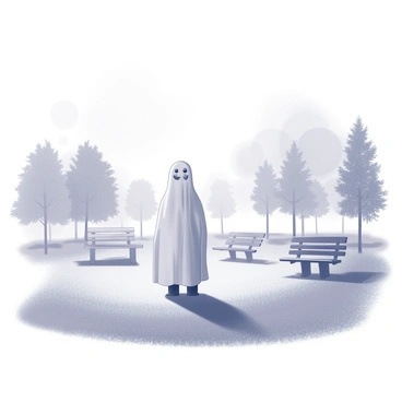 A ghostly figure stands in a foggy park. The figure appears translucent, with indistinct features that give it a mysterious presence. Surrounding the figure are faint outlines of trees and park benches, partially concealed by the fog. The atmosphere is filled with the echoes of laughter and conversations, represented by swirling shapes in the mist. The ground is covered with a soft layer of grass, slightly damp, enhancing the eerie feeling of the setting. The entire scene conveys a sense of lost moments and memories within the park's quiet expanse.