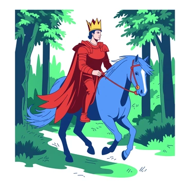 A red valiant prince wearing shining armor is riding a magnificent blue horse through a lush forest. The prince has a detailed gold crown on his head, glinting in the dappled sunlight that filters through the foliage. The horse has a silken mane flowing in the breeze as they stride confidently along the forest path. Surrounding them are tall green trees and vibrant greenery, creating a rich backdrop for the scene.