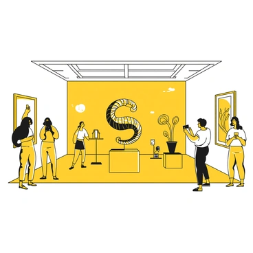 An art gallery interior with bright lighting and white walls, showcasing various sculptures crafted from carabiners. The sculptures feature intricate designs and forms, including a large abstract piece in the center, resembling a twisting spiral. Smaller pieces are displayed on pedestals, including a sculpture shaped like a tree and another resembling an animal. Visitors can be seen admiring the sculptures, with some taking photos and others discussing the artwork. The gallery floor is polished, and there are labels next to each sculpture providing descriptions.