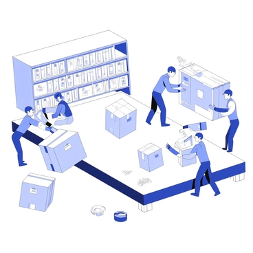 A warehouse interior is filled with workers packing boxes. The workers are wearing uniforms and gloves as they carefully fill each box with items. There are large shelves lined with various products in the background. Each box has clear labels affixed to it, indicating various destinations. Some workers are lifting heavy boxes, while others are sealing them with tape. There are packing materials, such as bubble wrap and packing peanuts, spread across the large tables.