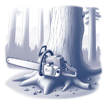 A close-up view of a chainsaw embedded in a large tree trunk. The chainsaw has a metallic blade with sharp teeth, and the body of the saw is rugged and well-used. Shavings and sawdust scatter around the base of the trunk, showcasing the freshly cut area. The texture of the tree bark is rough and detailed, with visible growth rings. Surrounding the tree trunk, tall trees and dense foliage create a forest environment, adding depth to the scene. Natural light filters through the tree canopy above, casting subtle shadows on the ground.