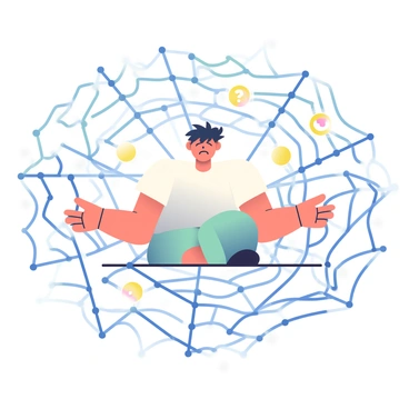 An individual with a worried expression is seated in the center of a large, intricate web made of tangled threads that represent anxious thoughts and worries. The web consists of various colors, primarily shades of grey and blue, with small symbols such as clocks and question marks woven into it. The person's clothing is a simple white shirt, and their hair is disheveled, adding to the sense of distress. Their hands are outstretched, attempting to push away the threads of the web, while a subtle glow emerges from the areas where the threads meet, creating a stark contrast against the darker colors of the web.