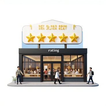 A shining five-star rating with a bright gold color displayed prominently above a happy business. The business features a glass front with large windows showcasing smiling customers inside. The exterior has a modern design with a sleek sign displaying the business name. The scene is lively, with people walking by and a clear blue sky above.