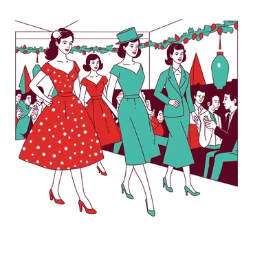 A retro fashion show takes place with models strutting down a festive runway. Each model showcases a different 1950s holiday outfit, featuring vibrant patterns and classic cuts. One model wears a red polka dot dress, cinched at the waist, with a full skirt that sways as she walks. Another model sports a teal suit with a sleek silhouette, complemented by a matching hat perched jauntily on her head. The runway is adorned with colorful decorations, including twinkling lights and garlands, enhancing the holiday theme. The audience claps enthusiastically, immersed in the nostalgia of the era.