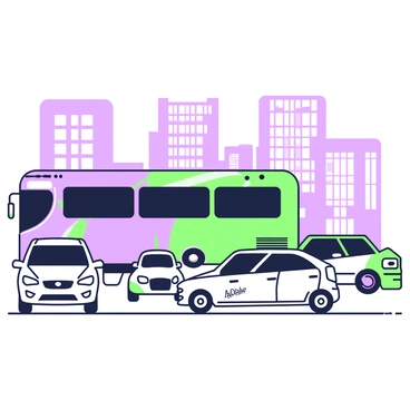 A bus is positioned in the center of a heavy traffic jam on a city street. The bus has large windows and visible company branding on its side. Surrounding the bus are multiple cars, including compact vehicles and SUVs, all at a standstill. The cars are tightly packed, with their headlights illuminated, reflecting a sense of congestion. In the background, there are tall buildings lining the street, partially obscured by the traffic. The scene conveys a busy urban environment where the loud sounds of honking horns are implied by the tense atmosphere.