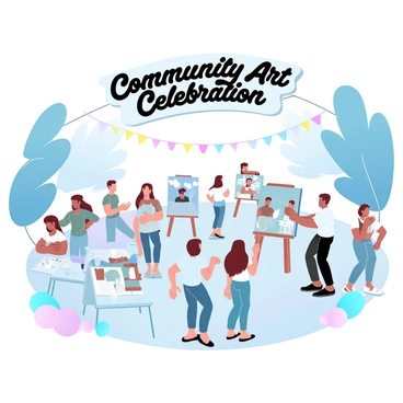 A vibrant community celebration event is taking place in an open outdoor space. Artists are showcasing their artwork on easels and tables, with various paintings and sculptures displayed prominently. Each artist is engaged with attendees, explaining their creative process. Colorful banners hang from nearby trees, adding to the festive atmosphere. A large sign reading "Community Art Celebration" is visible above the gathering. People of different ages are interacting, admiring the artworks, and some are participating in art-related activities. Tables with refreshments are set up nearby, and balloons in gradient pastel colors float gently in the breeze.