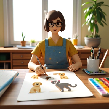 An illustrator creating cute pet illustrations for a new product line