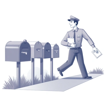 A postman in uniform is walking along a pathway lined with a row of mailboxes. He is smiling as he holds a stack of letters in one hand. The mailboxes vary in design, each one featuring unique shapes and patterns. The postman is reaching for one of the mailboxes, poised to drop a letter inside. The scene is set in a suburban neighborhood, with grass lining the pathway and a few trees in the background.