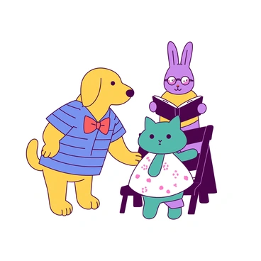A yellow dog is wearing a blue striped shirt and a red bow tie, standing on its hind legs. Next to the dog, a teal cat is dressed in a white dress with small pink flowers, sitting on a small wooden chair. In the background, a purple rabbit is wearing glasses and a yellow sweater, holding an open book in its paws. The scene captures the whimsical atmosphere of animals in human attire.