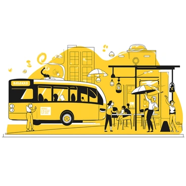 An electric bus with a sleek design is parked at a bus stop in a bustling urban environment. The bus features large windows and a sign displaying its route. Surrounding the bus, there are street performers entertaining a crowd. One performer is juggling while another plays a musical instrument. Nearby, several cafes with outdoor seating are filled with patrons enjoying their drinks and meals. Tables are set with umbrellas providing shade for the customers. The streets are busy with pedestrians walking by, and buildings with various architectural styles are visible in the background.