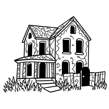 An old, abandoned mansion with broken windows and ivy-covered walls