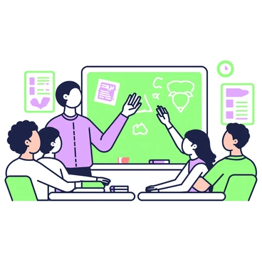 A teacher passionately teaching a group of diverse students in a lively and colorful classroom