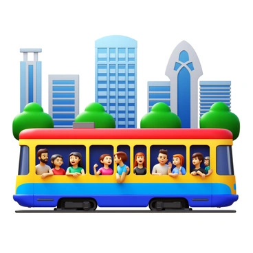 A tram with vibrant colors and distinctive design, filled with diverse students engaged in lively conversations. The students, wearing casual clothes, display a range of expressions from excitement to curiosity as they look out the windows. Outside the tram, iconic Melbourne cultural landmarks such as the National Gallery of Victoria and Federation Square are visible, showcasing their unique architecture. The scene is lively, with trees and city buildings in the background, capturing the essence of a vibrant city exploration.